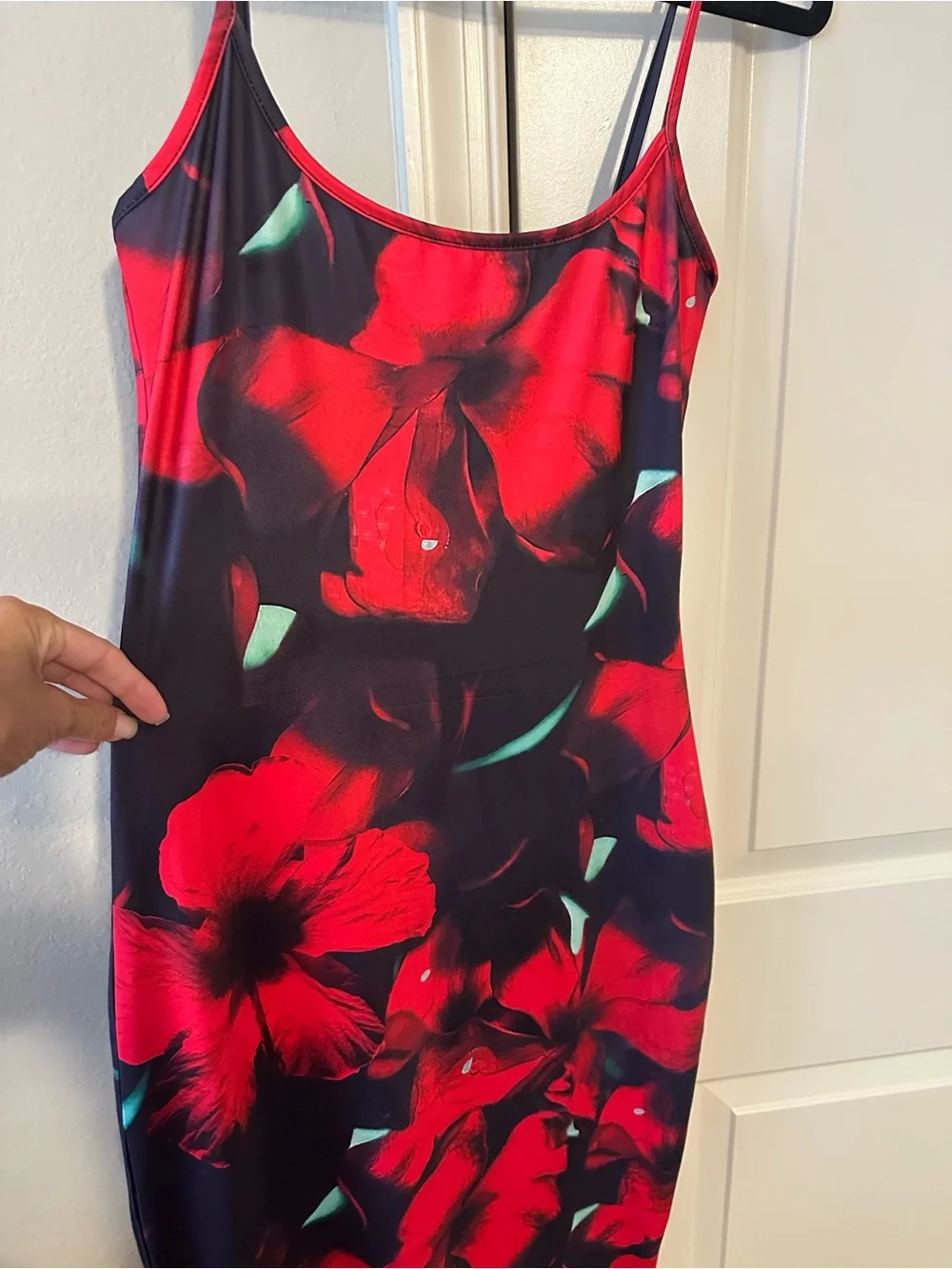 Red Floral Slip Dress - Sleek Spaghetti Strap Midi